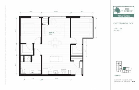 Floor plan for 2 beds, 1 bath, 875 sqft